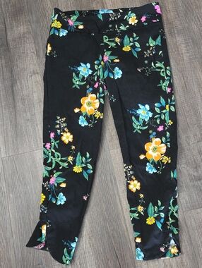 Zac & Rachel Black Floral Crop Pants with Yellow & Blue Blooms